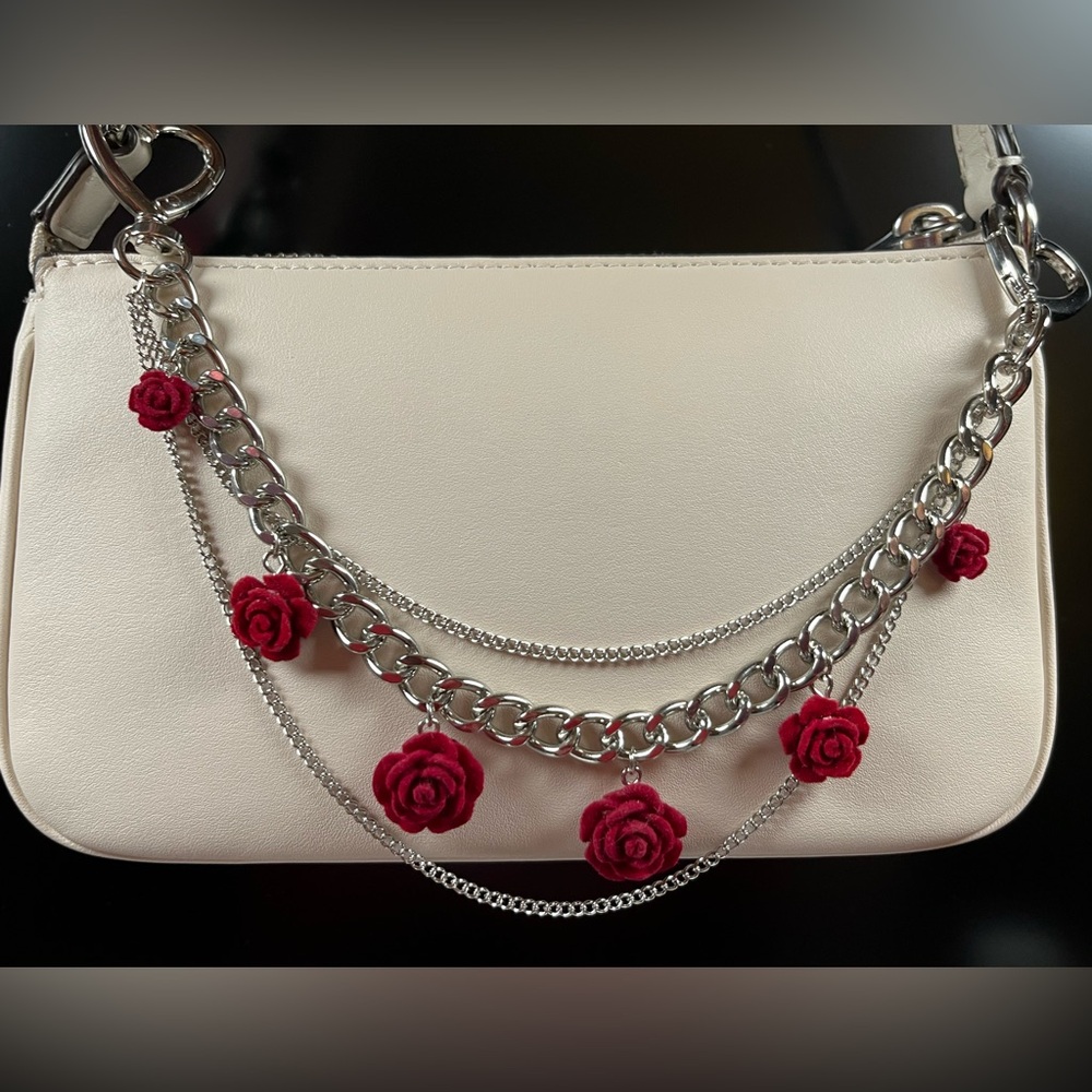 Bag Charm Chain in Silver Tone With Red Roses